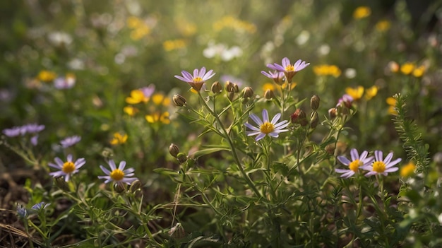 a field of wild flowers with yellow and white flowers