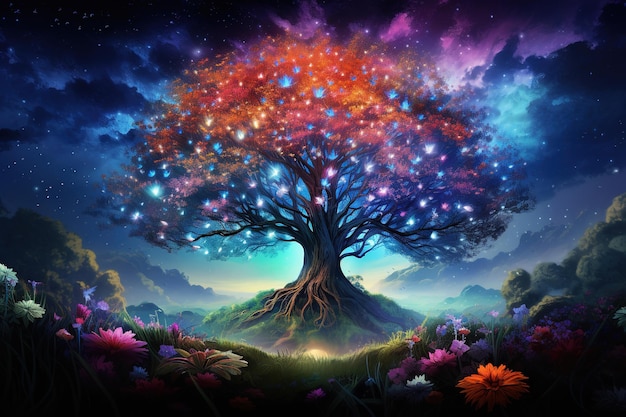 Field of wildflowers bright colors neon glow bioluminescence sunlight glow different sizes and colors big tree in the center