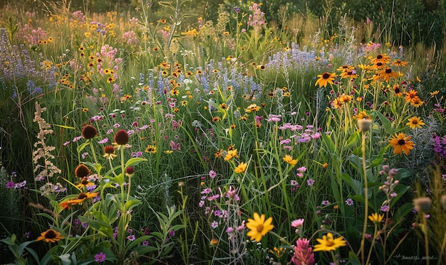 Field of Wildflowers in Golden Hour Sunlight