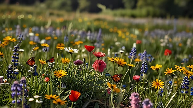 A field of wildflowers and purple flowers with a road in the background