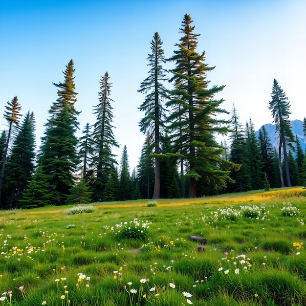 Photo a field of wildflowers with a mountain in the background