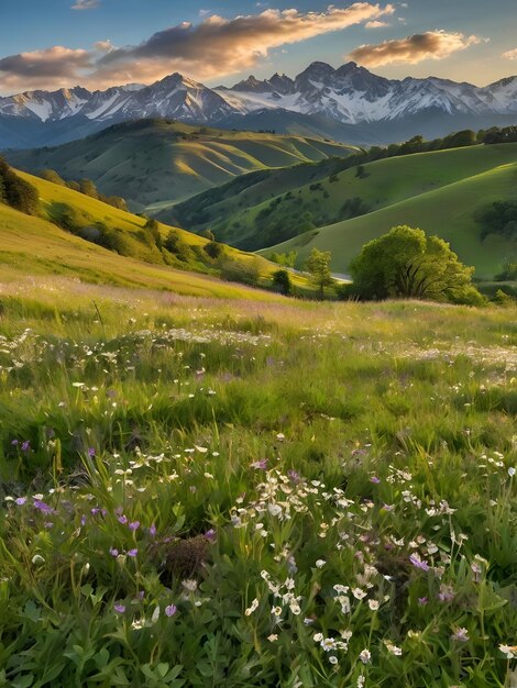 Photo a field of wildflowers with mountains in the background ai generative