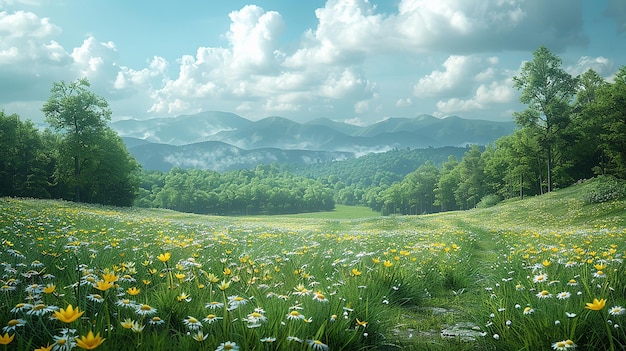 a field of wildflowers with mountains in the background