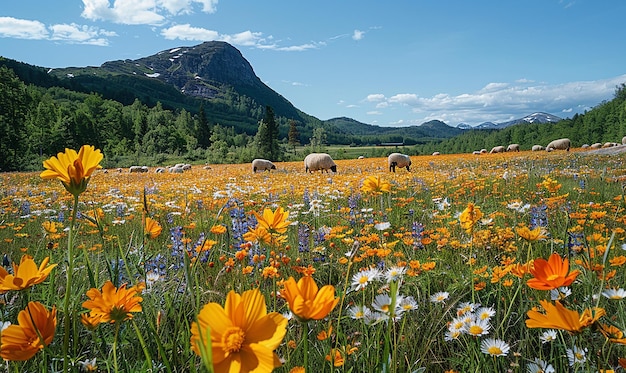 a field of wildflowers with mountains in the background