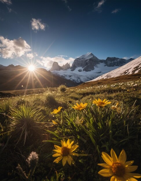 a field of wildflowers with the sun behind them