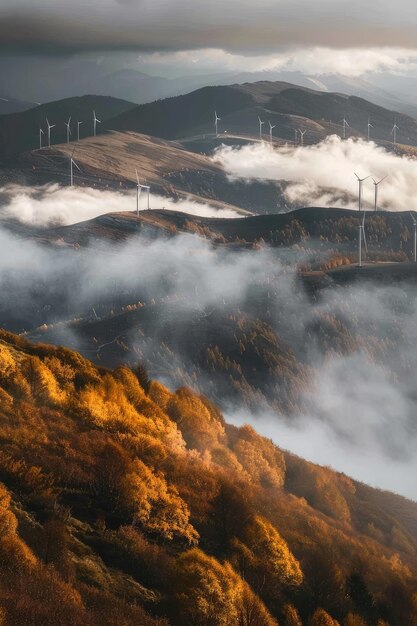 a field of wind turbines on a hill with wind turbines in the background