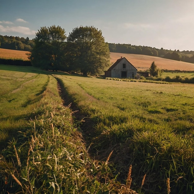 Photo a field with a barn and a field with trees in the background