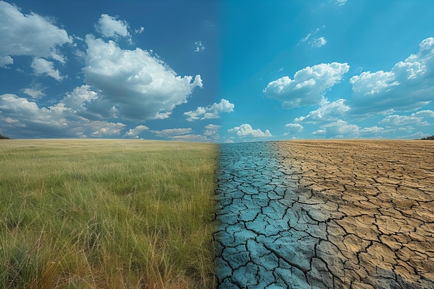 a field with a blue sky and clouds in the background