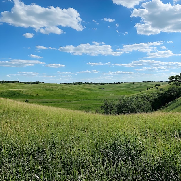 Photo a field with a blue sky and clouds in the background