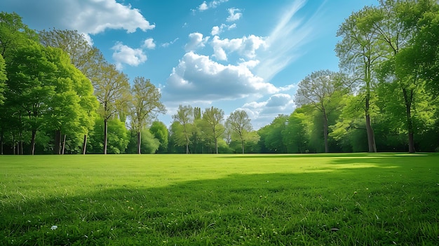 a field with a blue sky and clouds in the background