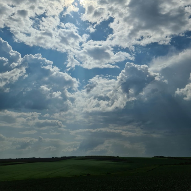 A field with a blue sky and clouds