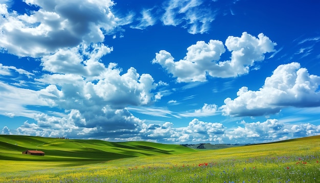 a field with a cloudy sky and clouds in the background