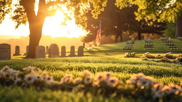 Photo a field with a field of flowers and a flag in the background