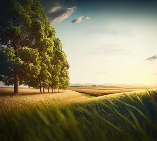 A field with a field and trees in the background