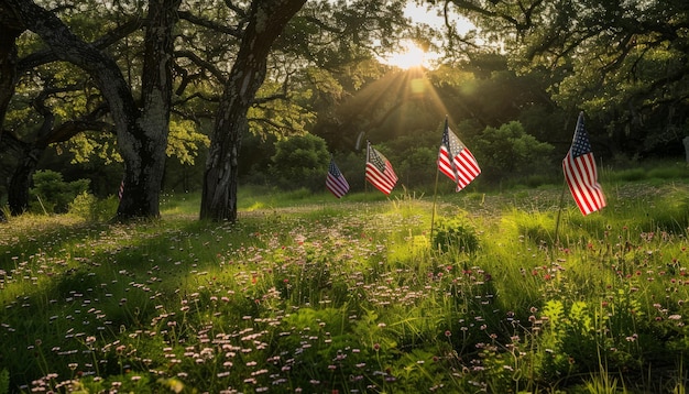 Photo a field with a flag and the sun shining through the trees