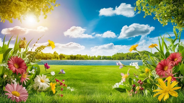 a field with flowers and a dog in the foreground