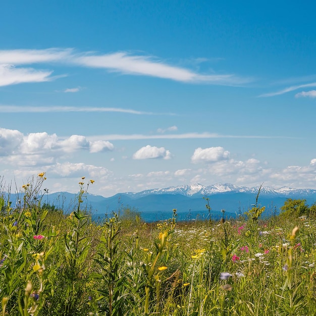 a field with flowers and mountains in the background