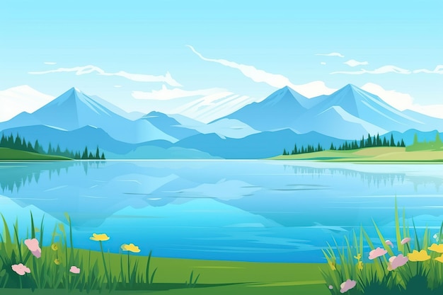 Field with flowers near the lake on the background of mountains landscape nature generative ai