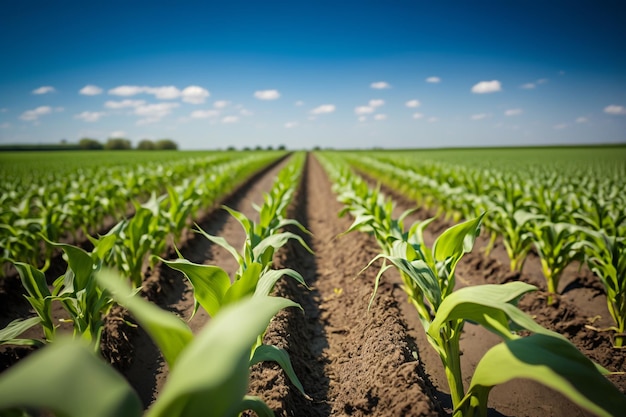 Field with green sprouts of young corn plants generative ai