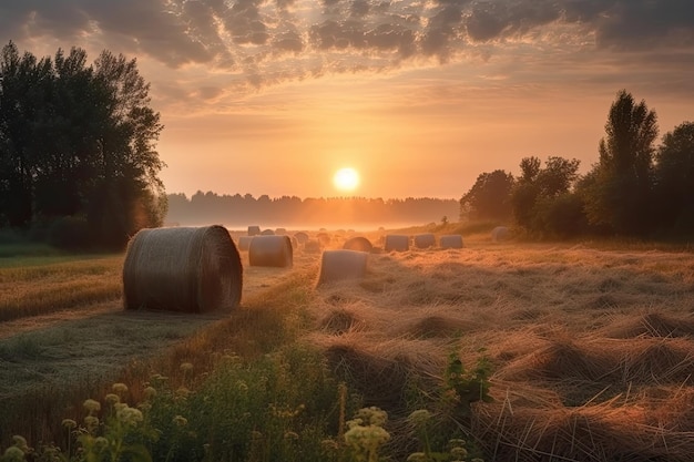 Field with hay rolls at sunset Generative AI