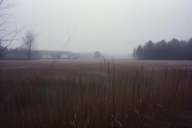 A field with a house in the background and a foggy sky.