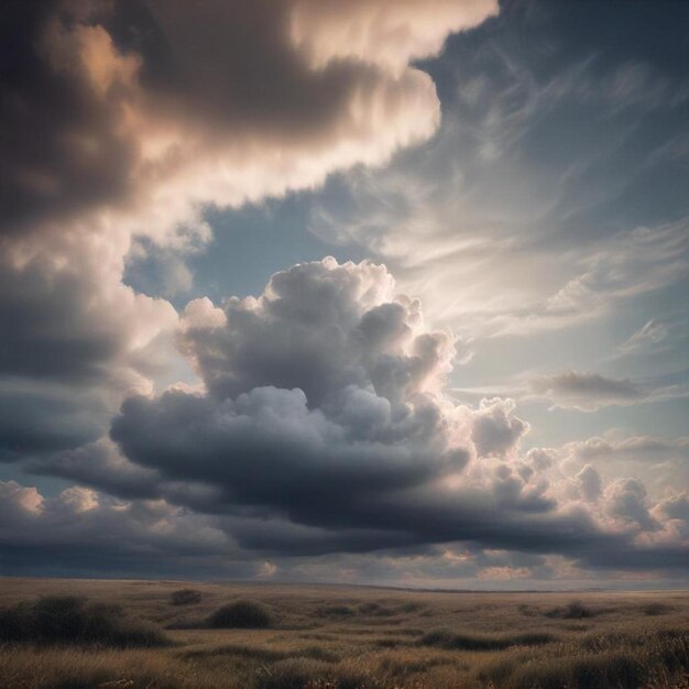 a field with a large cloud that has the sun shining through it