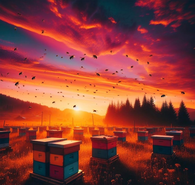 a field with many boxes and boxes with birds flying in the sky