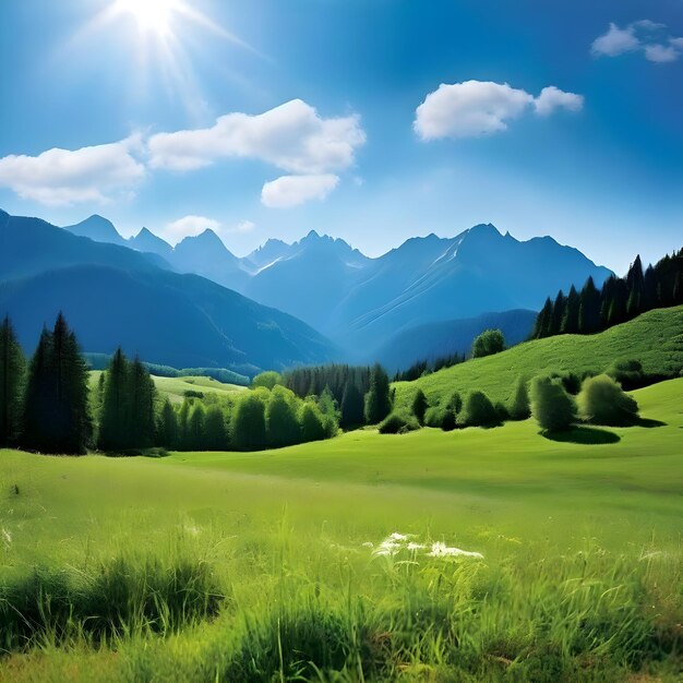 a field with a mountain in the background and the sun shining through the trees