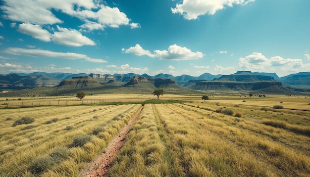 Photo a field with a mountain in the background