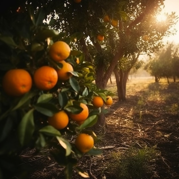 A field with oranges and trees and the sun shining through the trees.