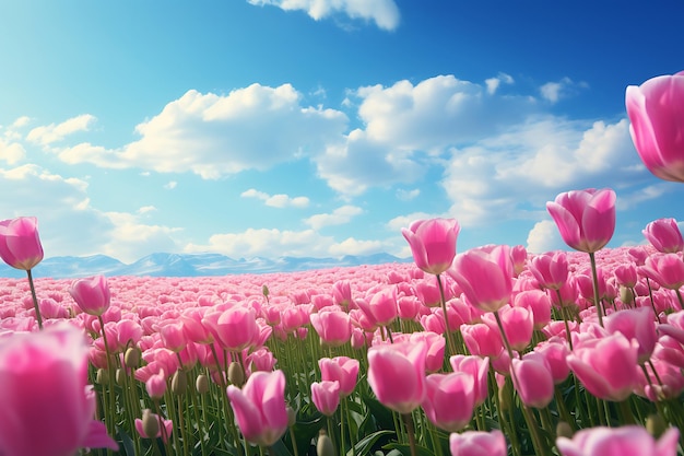 Field with pink tulips