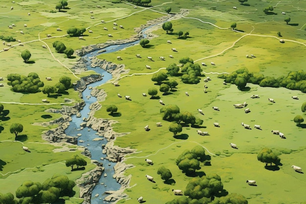 a field with sheep and a stream in the foreground.