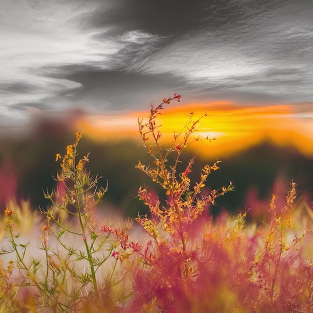 a field with a sunset in the background