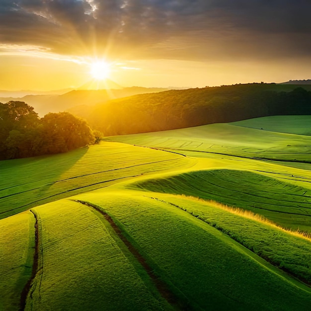 A field with a sunset in the background