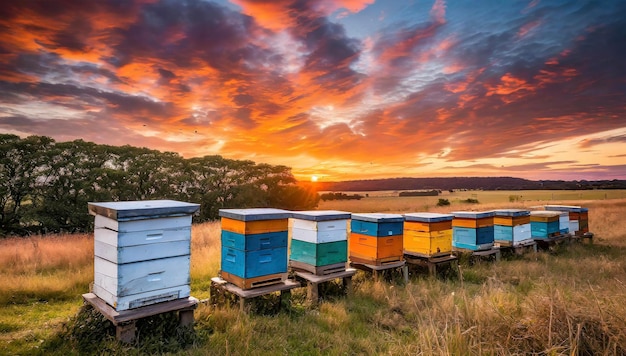 a field with a sunset and a blue and yellow beehive with the sun setting behind them