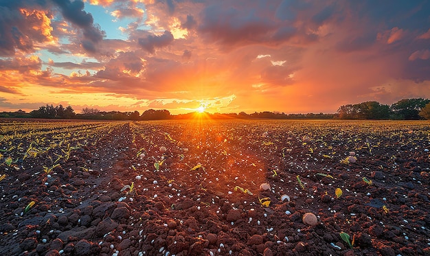 a field with a sunset and clouds in the background