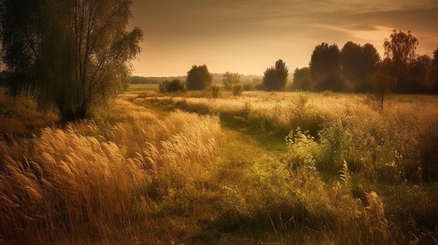 A field with tall grass and the sun setting