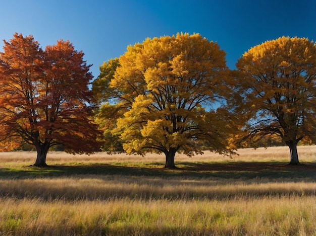 Photo a field with three trees and one of them has a blue sky