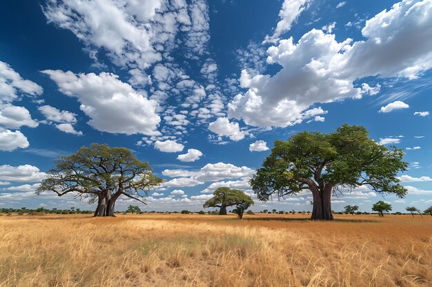 a field with three trees and a sky with clouds