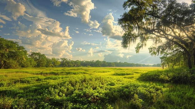 a field with a tree and clouds in the background