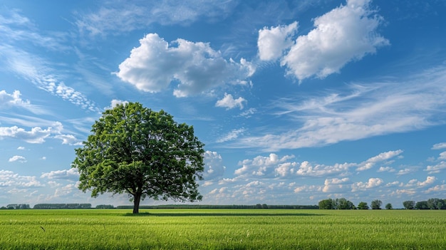 a field with a tree and clouds in the sky