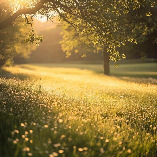 Photo a field with a tree and a field with a sun shining through it