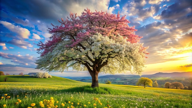 a field with a tree and flowers and a sky with clouds