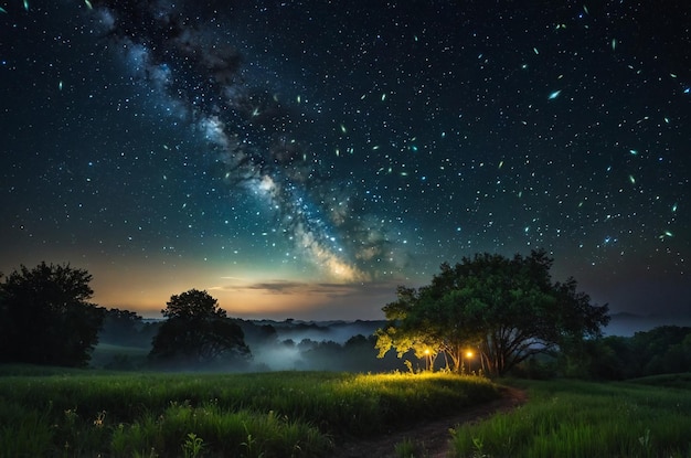 a field with a tree and a light in the sky