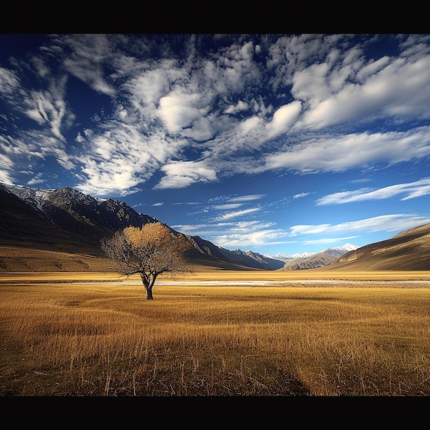 A field with a tree and a mountain in the background