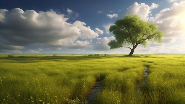 A field with a tree and a path