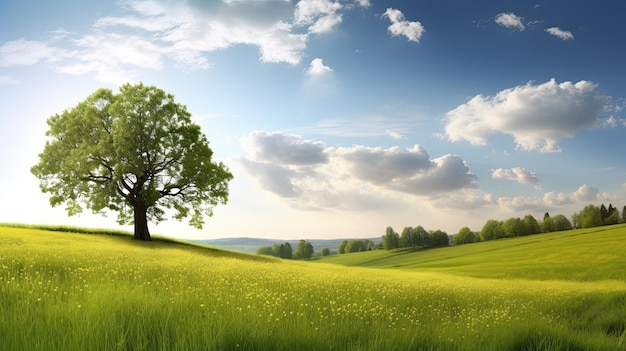 A field with a tree and a sky with clouds