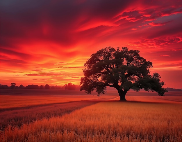 Photo a field with a tree and a sunset in the background