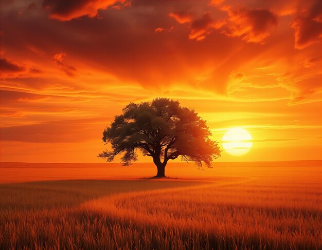 Photo a field with a tree and the sunset in the background