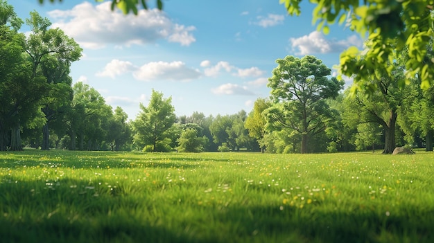 a field with trees and a blue sky with clouds